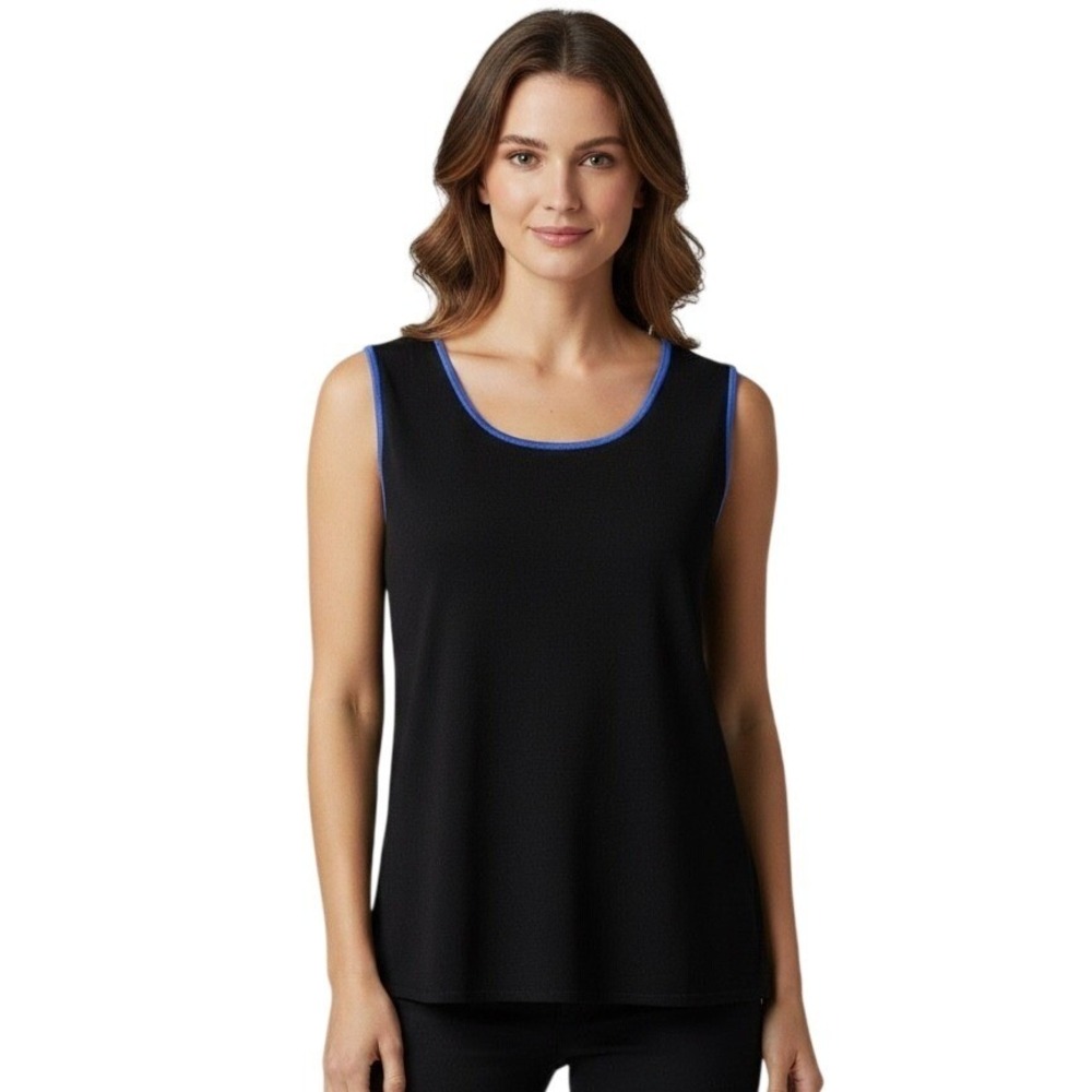 Misook Sleeveless Knit Top Blue Trim‎ Casual Tank Top Shell Black Large